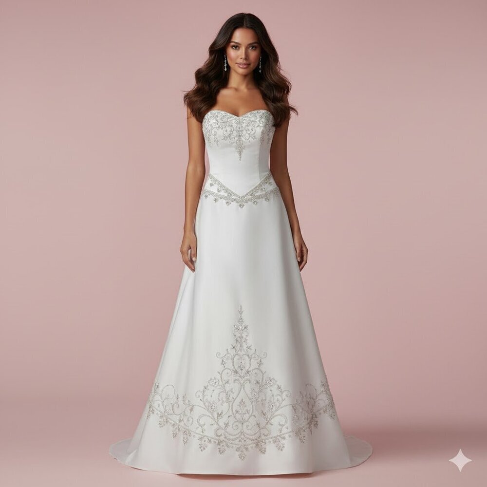 Allure Bridals Elegant White Strapless Gown with Silver Embroidery